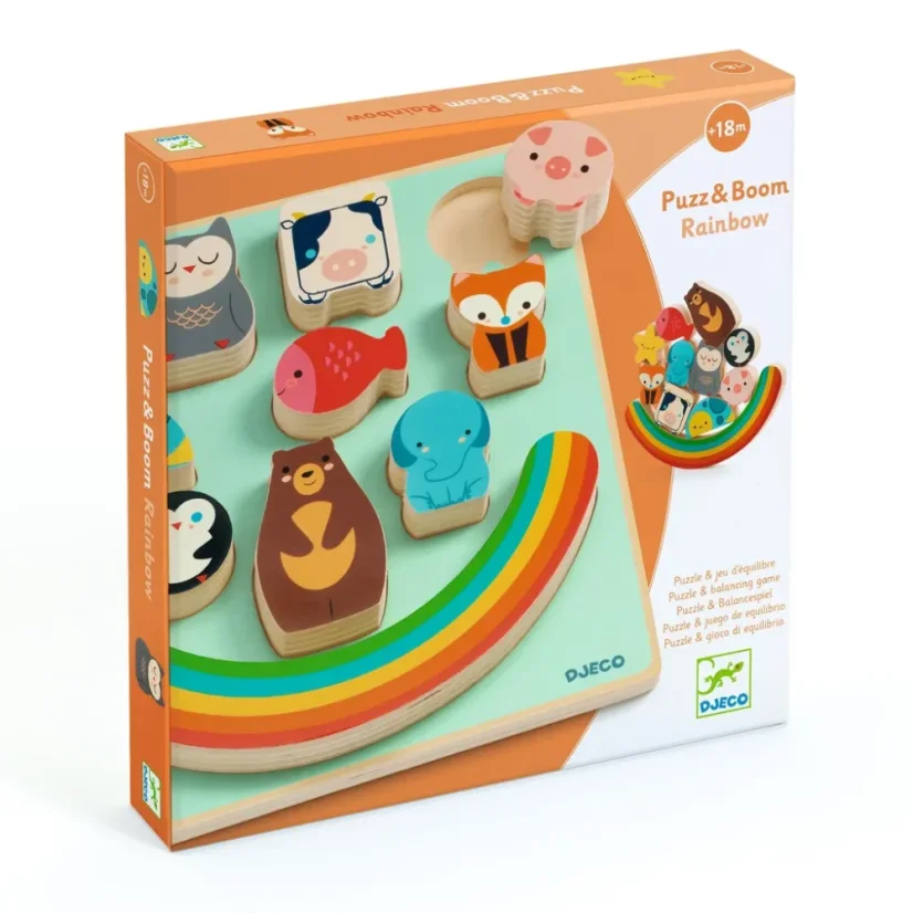 Puzz & Boom Zvířátka s duhou – dřevěné puzzle a balanční hra 2v1