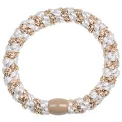 Gumička do vlasů s korálkem – White-Beige Glitter Stripe