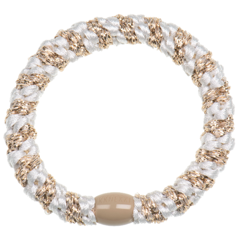 Gumička do vlasů s korálkem – White-Beige Glitter Stripe